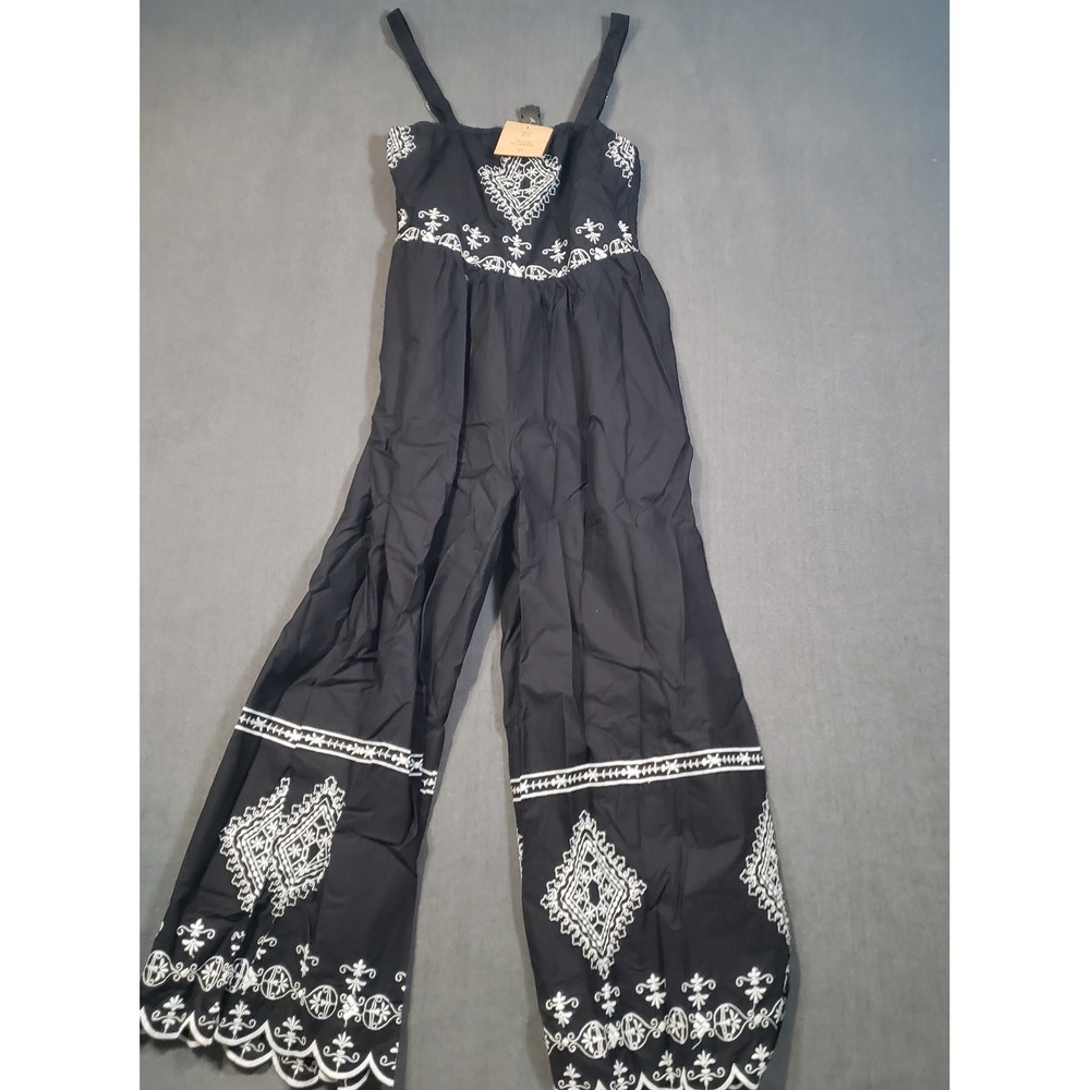 Dress Nado Jumpsuit Womens Small Black Embroidered Wide Leg Cotton JP315